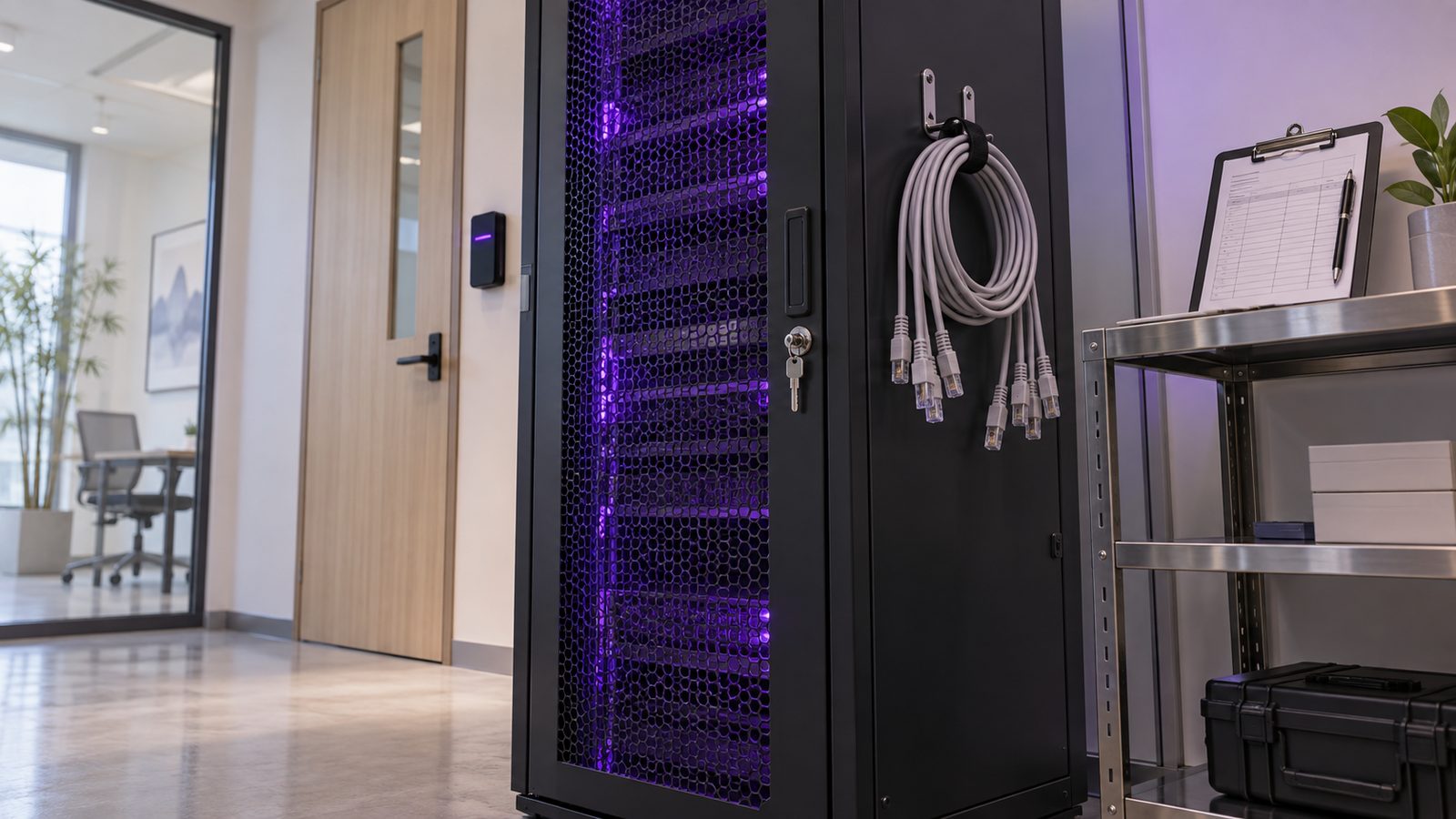 A locked graphite server rack with a violet-lit front in a secure comms room, its network cables unplugged and coiled to show an air-gapped deployment, beside an access log clipboard