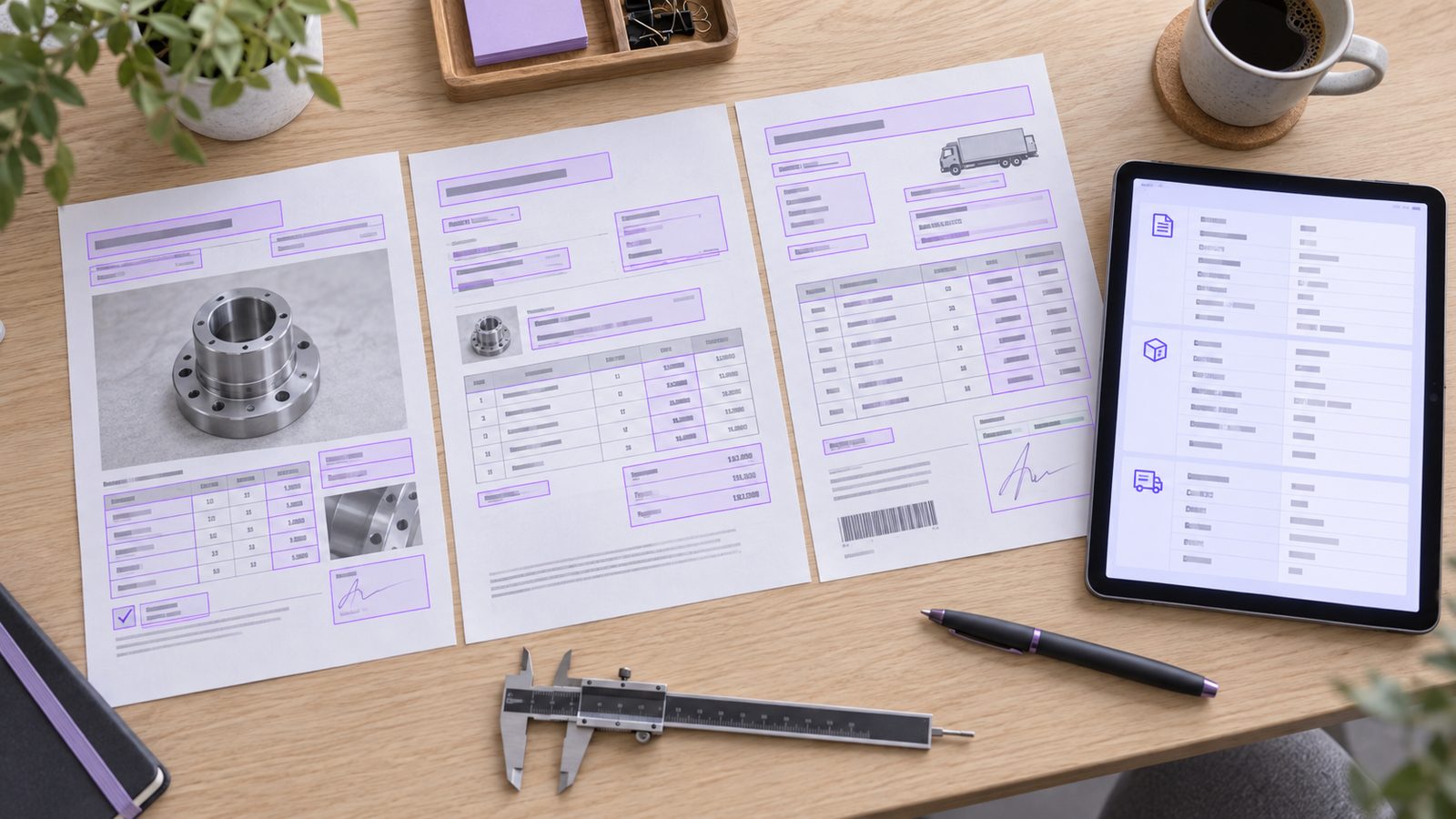 Top-down view of an inspection report, a supplier quotation and a delivery order with fields outlined in violet, beside a tablet showing the extracted values as a table
