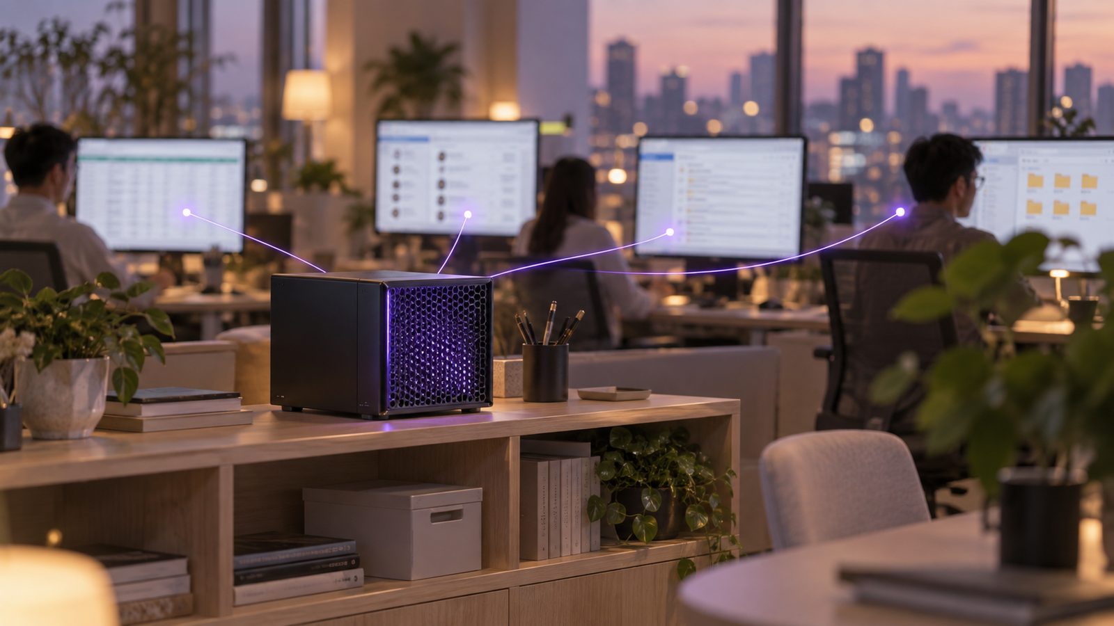 A compact AiServa server on an office shelf with violet light lines reaching across the office to staff screens showing a spreadsheet, a staff directory, an email inbox and document folders