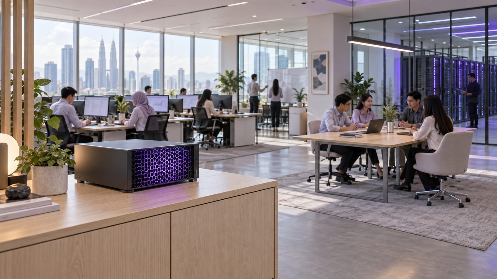 A small AiServa server on a credenza in a modern headquarters office, with a larger rack server room visible through glass in the background