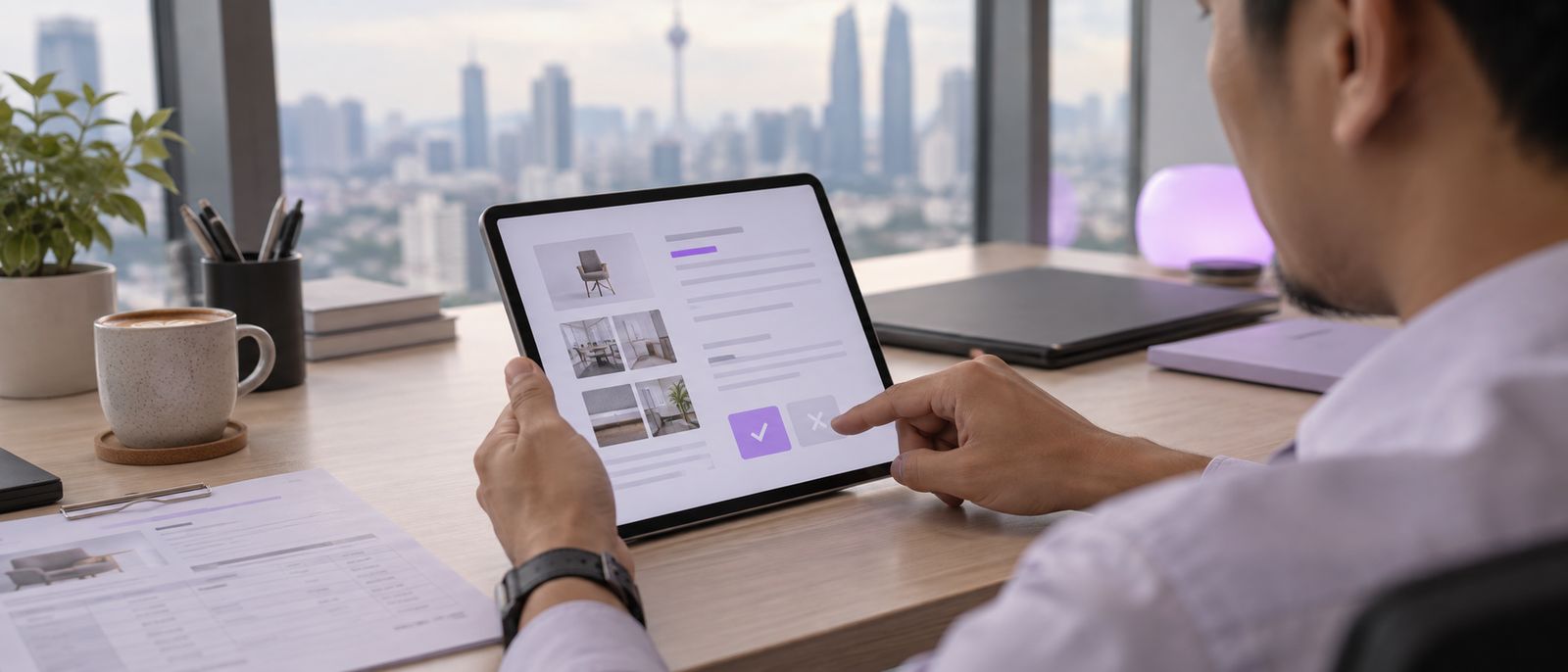 A manager about to tap Approve on a tablet showing a summarised purchase recommendation with its evidence, a printed quotation on the desk