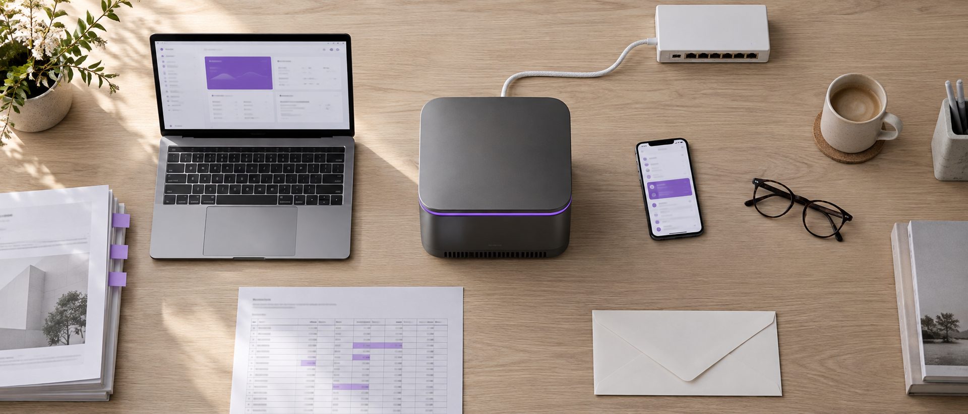 Top-down view of a pale oak desk with a graphite AiServa server glowing violet at the centre, surrounded by a laptop, a phone, tabbed documents, a highlighted spreadsheet, an envelope and a network switch