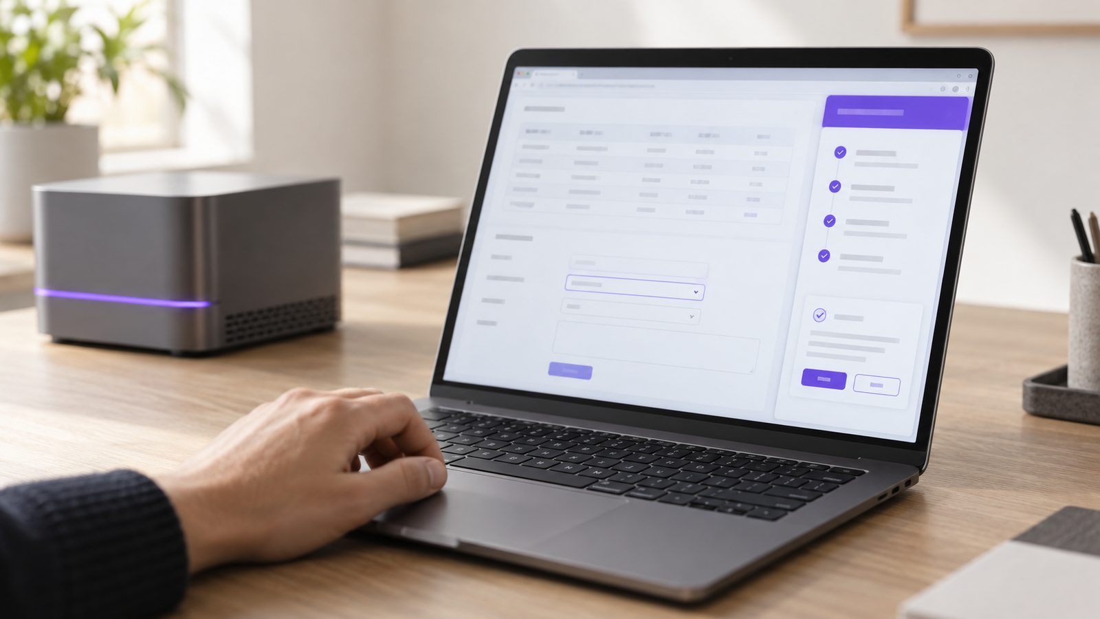 A laptop showing a supplier web page with the AiServa side panel open on the right, listing completed steps and an Allow or Skip confirmation card, beside a graphite AiServa server