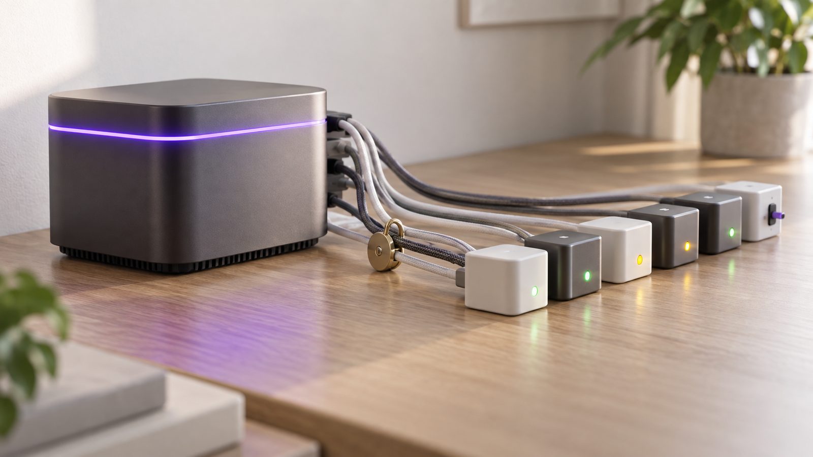 A graphite AiServa server with a violet light connected by braided cables to a row of small plug-in modules, most glowing green, two amber waiting to ask, one switched off, with a brass padlock clip on the cables