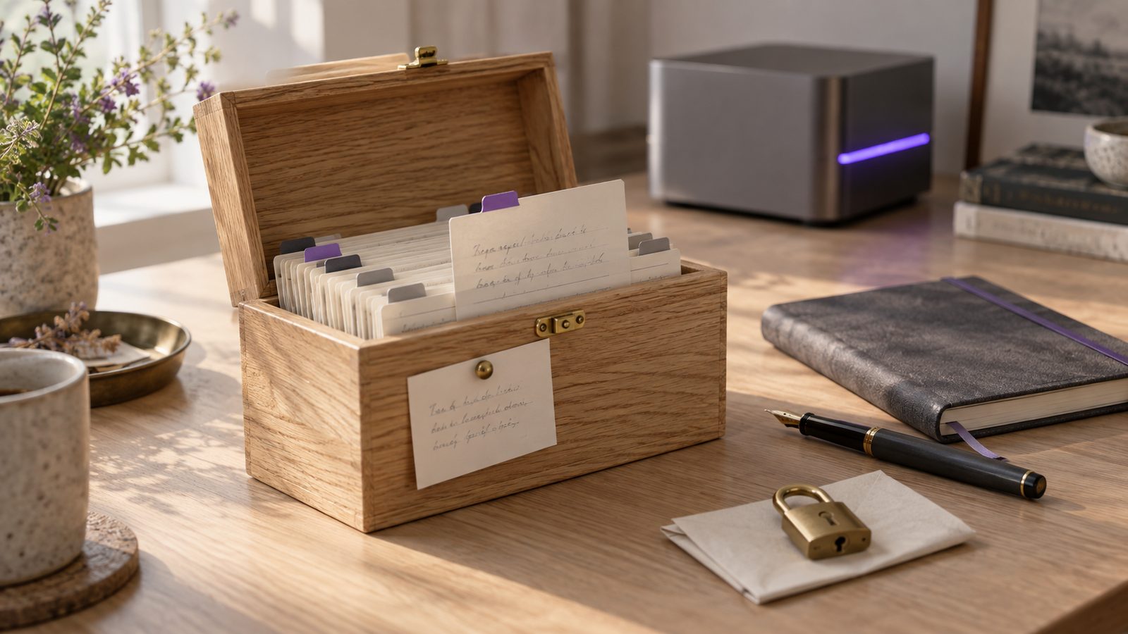 An open pale oak index-card box of personal notes with violet tabs, a closed brass padlock on a folded slip beside it, and a graphite AiServa server glowing violet in the background