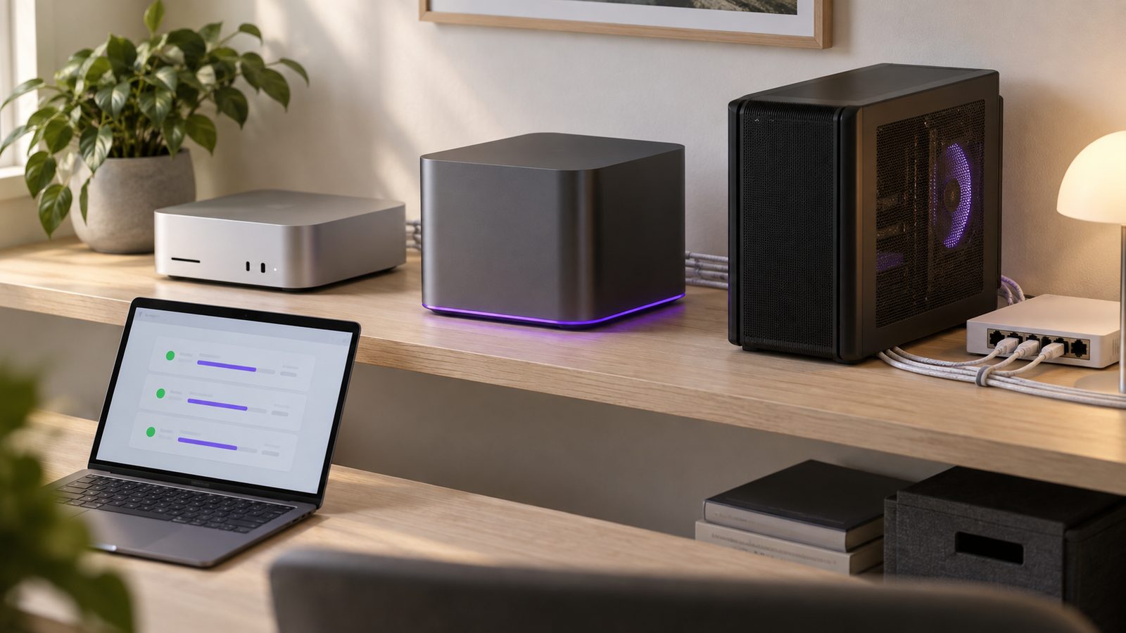A mini desktop computer, a graphite AiServa server with a violet light and a GPU workstation side by side on a pale oak shelf, networked to one switch, with a laptop showing all three online