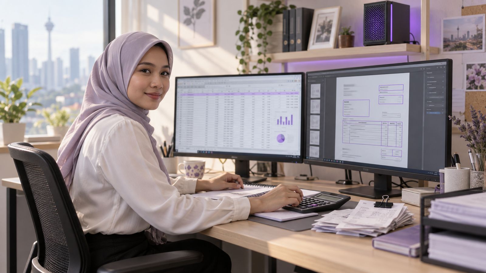 A Malaysian accountant at a desk with two monitors showing a reconciliation spreadsheet and a scanned invoice with fields outlined, receipts clipped beside a calculator