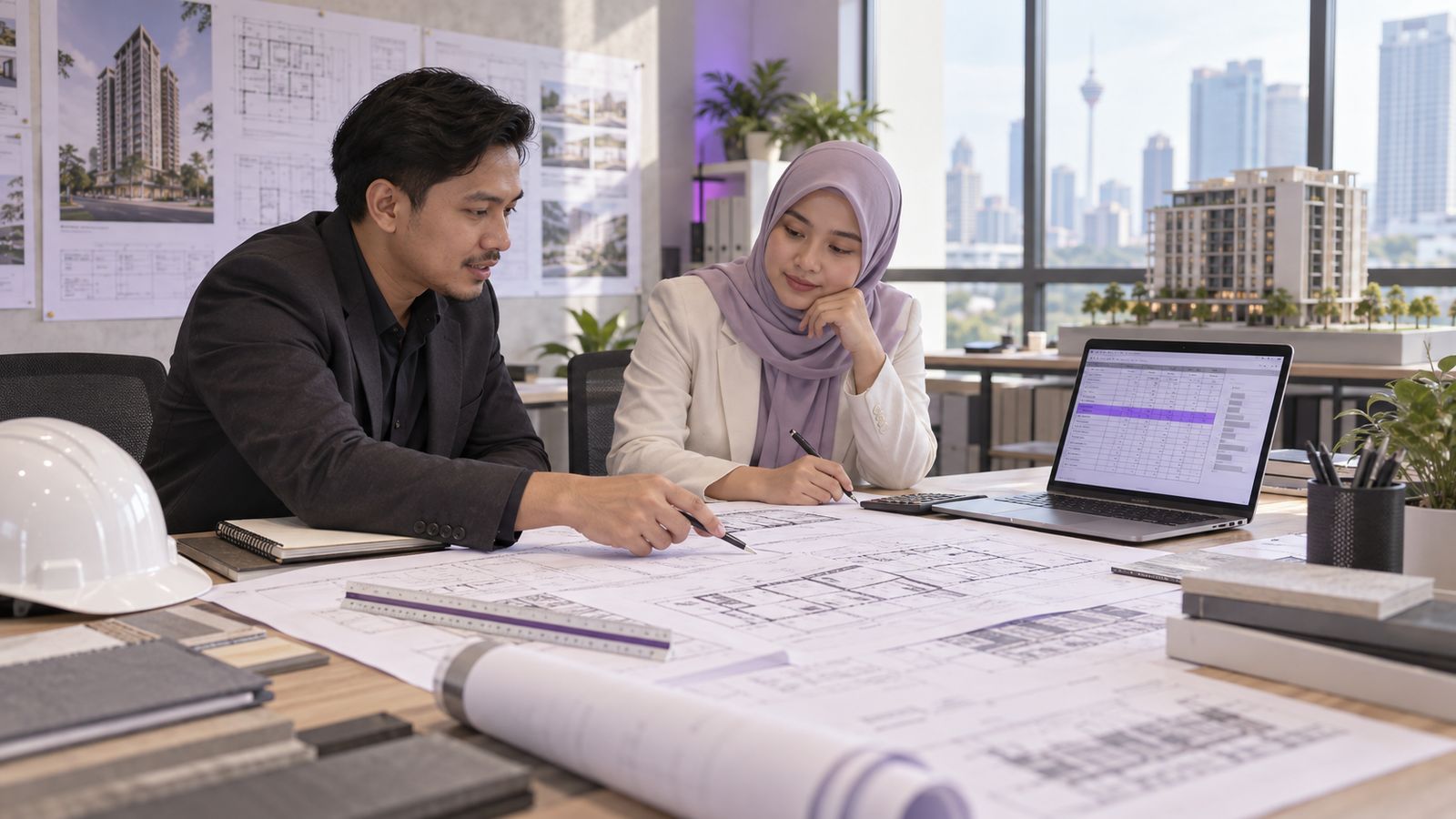 A Malaysian architect and quantity surveyor at a table with construction drawings and a bill of quantities, a laptop showing a comparison table, a building model behind