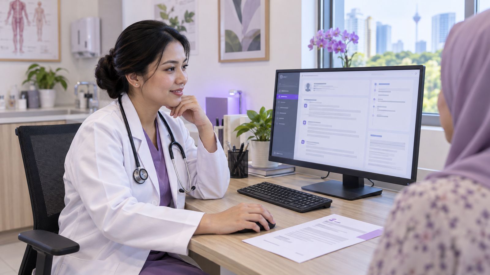 A Malaysian general practitioner in a white coat at a consultation desk looking at a monitor showing a structured patient note summary beside a referral letter