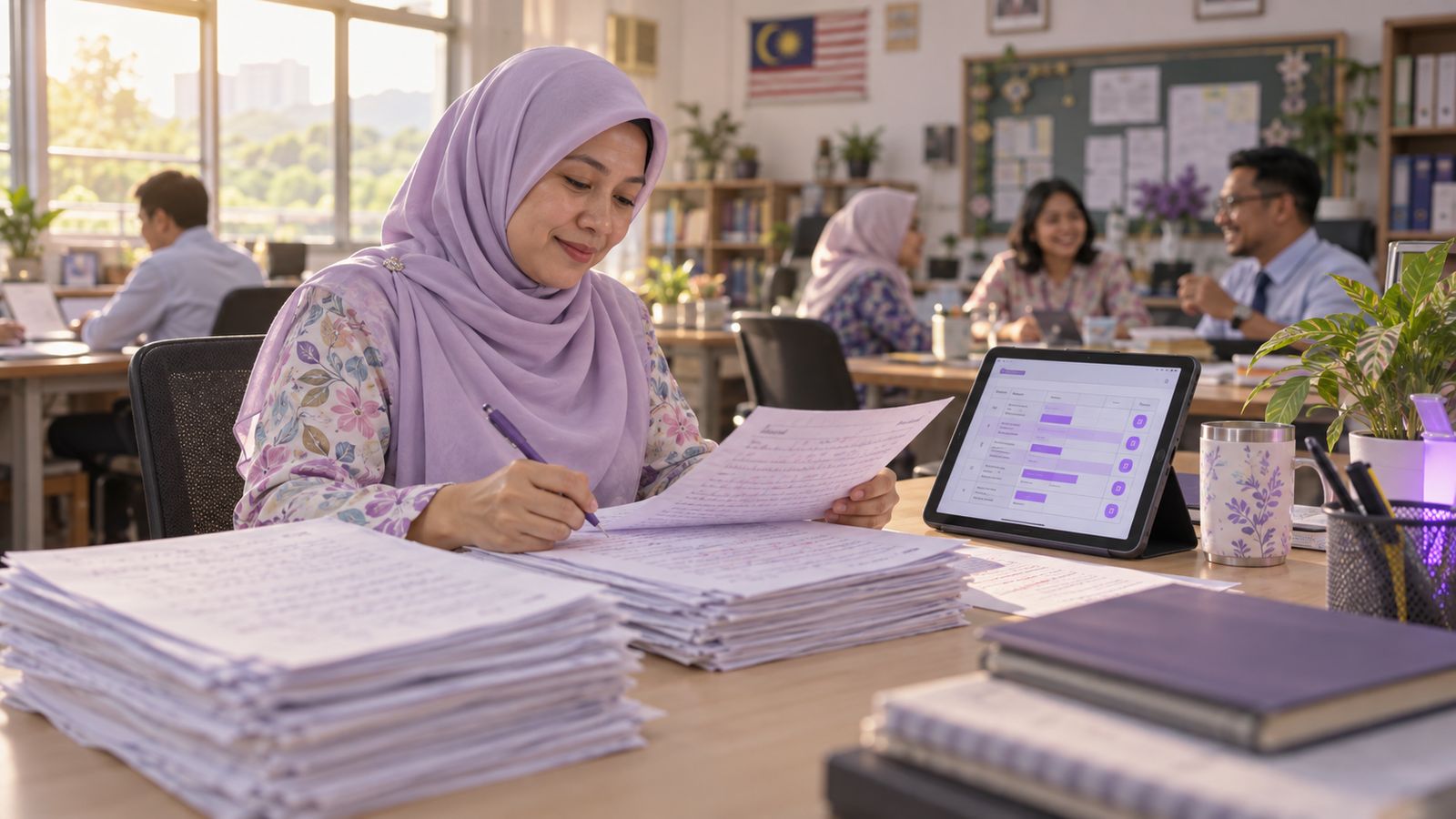 A Malaysian secondary school teacher in a staffroom marking handwritten exam scripts with a tablet showing a marking rubric and suggested scores