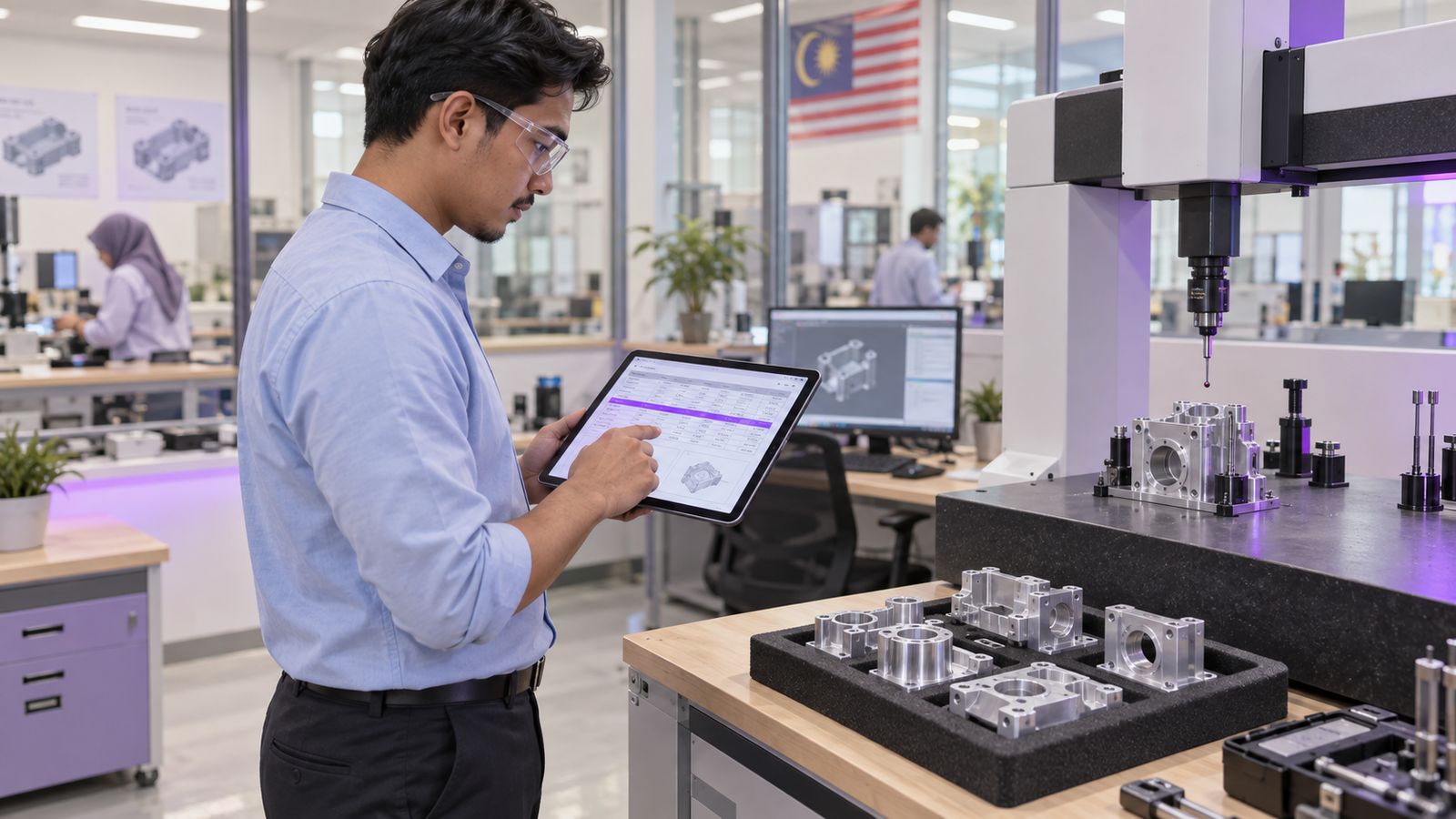 A Malaysian engineer at a factory quality lab bench beside a coordinate measuring machine, reviewing an inspection report on a tablet with one row highlighted