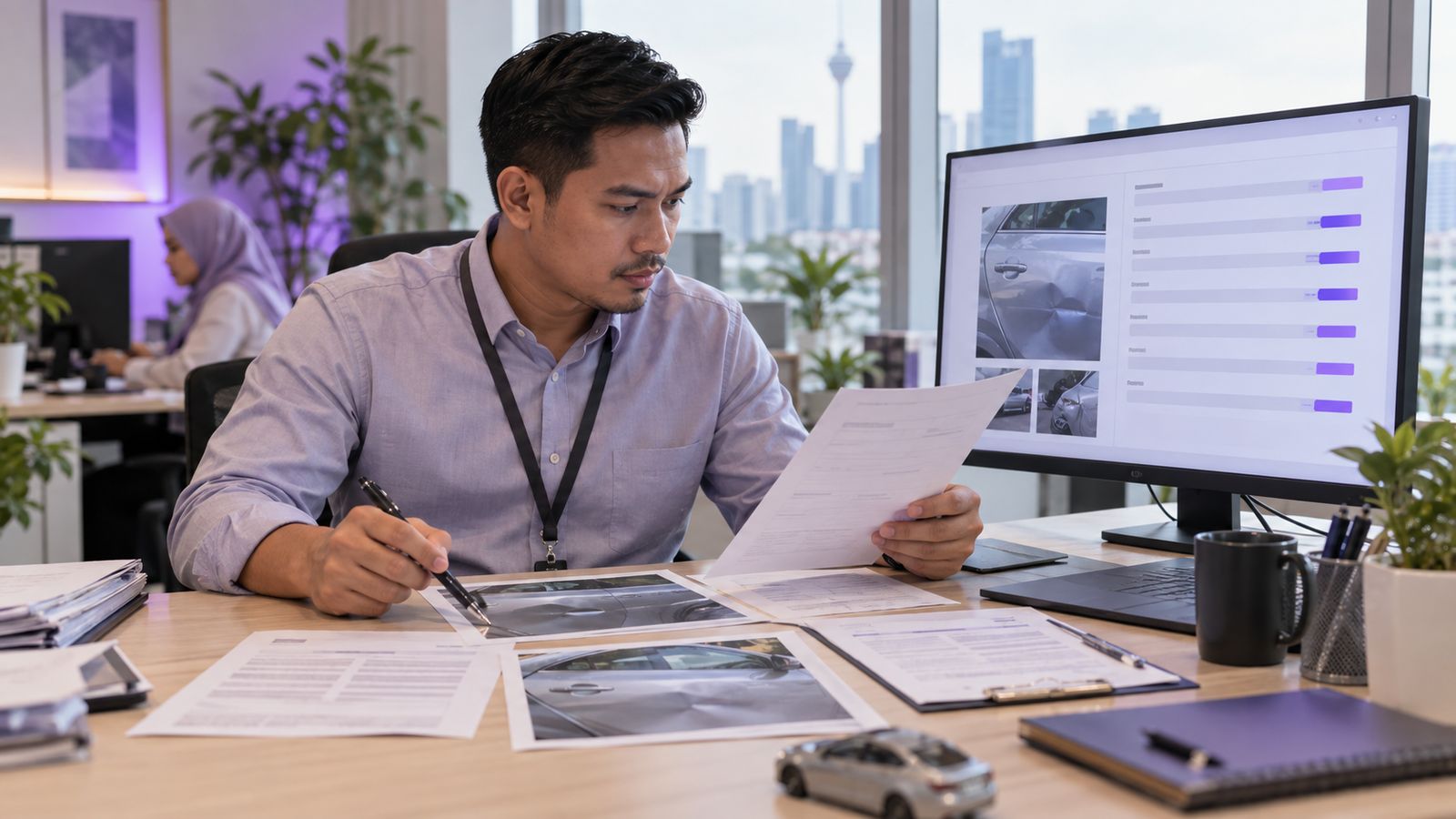 A Malaysian claims adjuster at a desk reviewing photos of a dented car door, a repair quotation and a police report, with extracted claim fields on the monitor