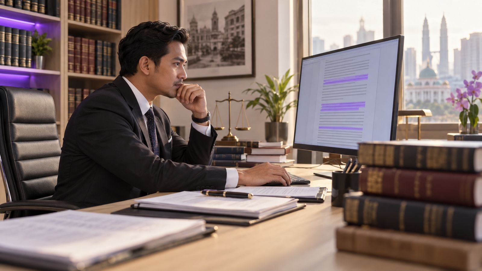 A Malaysian lawyer at a desk in a law firm library reading a contract on a monitor with several clauses highlighted, beside bound case files