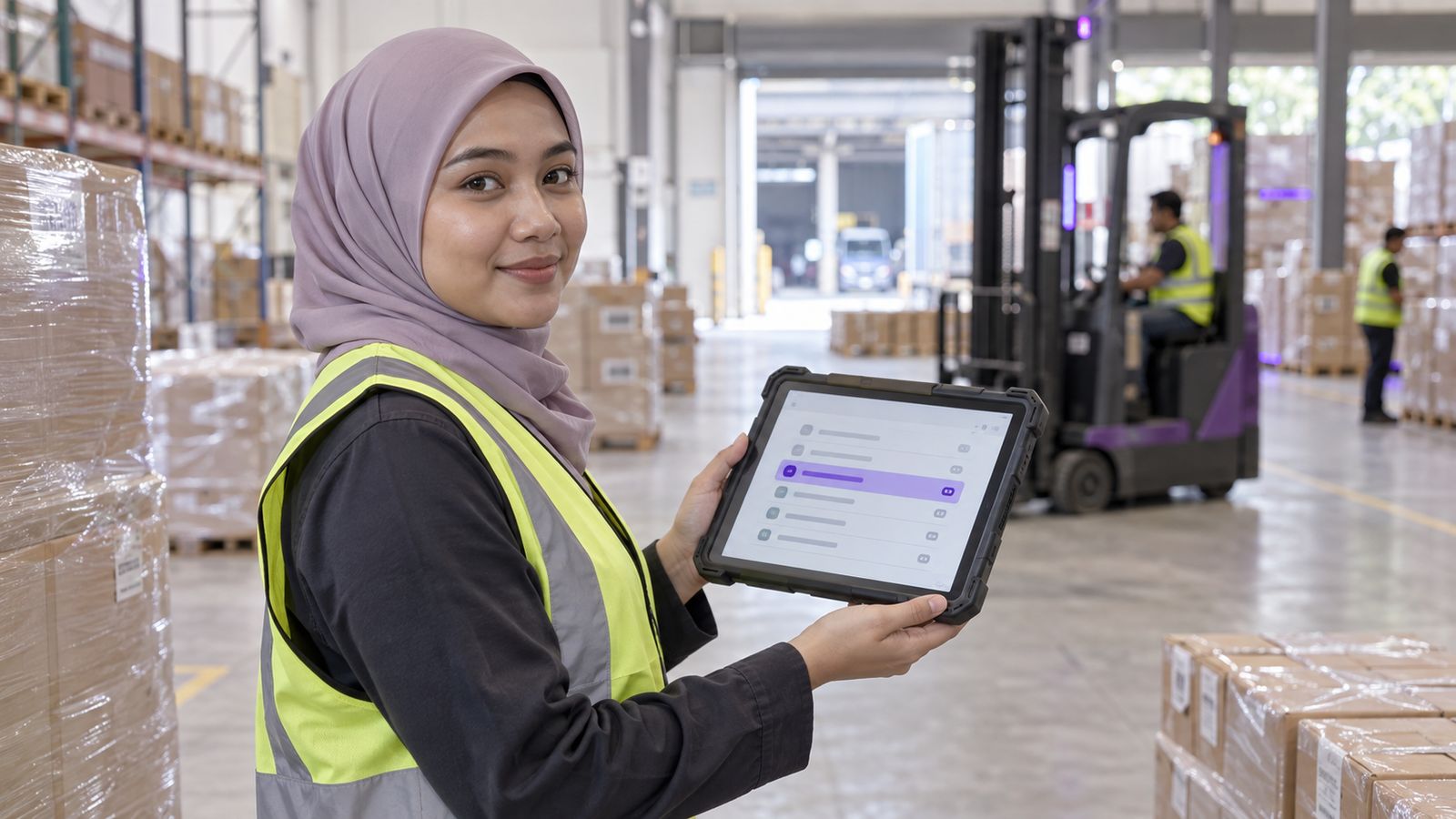 A Malaysian logistics coordinator in a hi-vis vest in a distribution warehouse holding a tablet showing delivery orders with one exception flagged