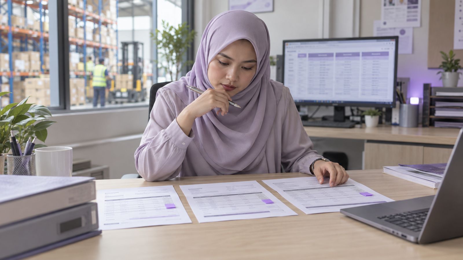A Malaysian procurement officer comparing three printed supplier quotations side by side with a comparison table on the monitor behind