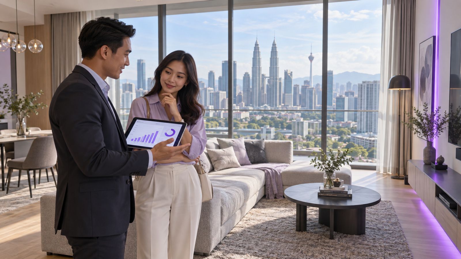 A Malaysian property negotiator and client in a modern condominium with a Kuala Lumpur skyline view, the agent holding a tablet showing a valuation summary chart