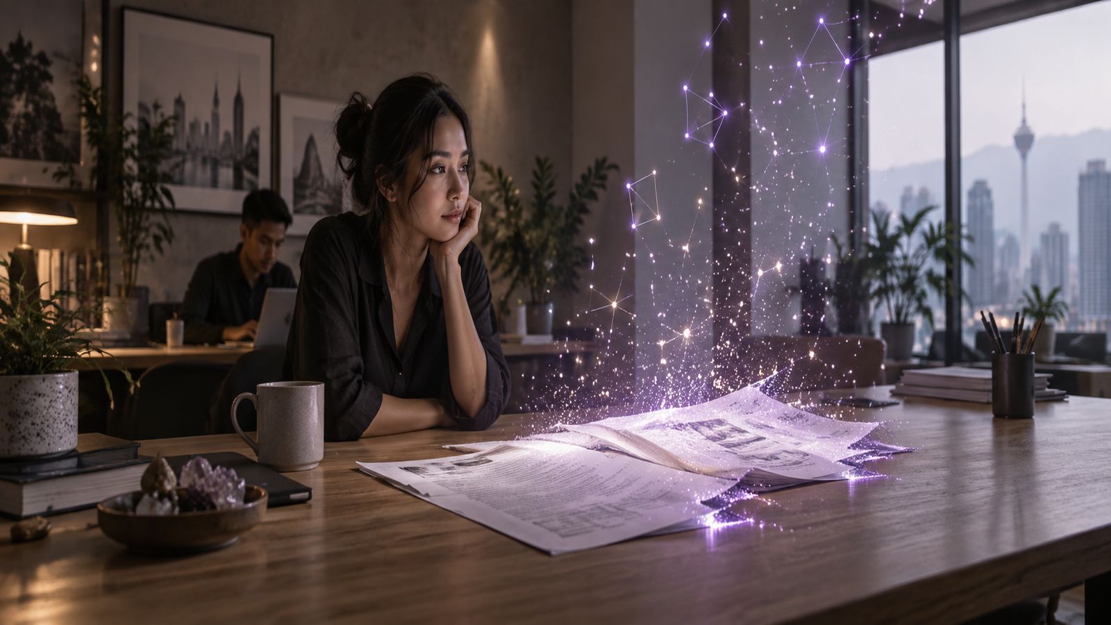 Printed documents dissolving into glowing points of light that cluster above the table, illustrating text becoming embedding vectors