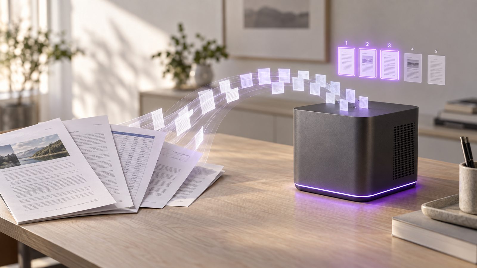 Printed documents on a pale oak table turning into small glowing passage cards that flow into a graphite AiServa server, with the top three ranked results highlighted in violet above it