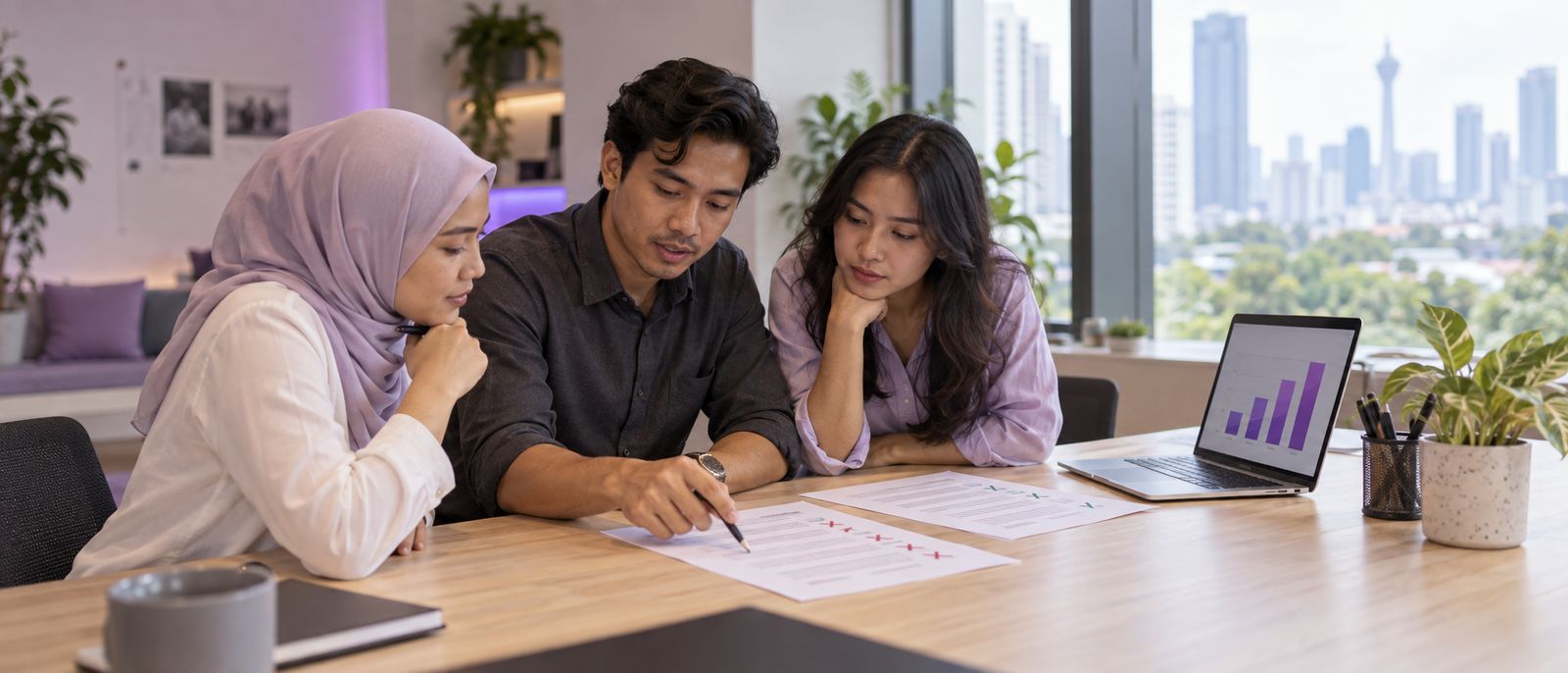 Three colleagues reviewing a printed sheet of test questions marked with ticks and crosses beside a laptop showing a retrieval accuracy chart