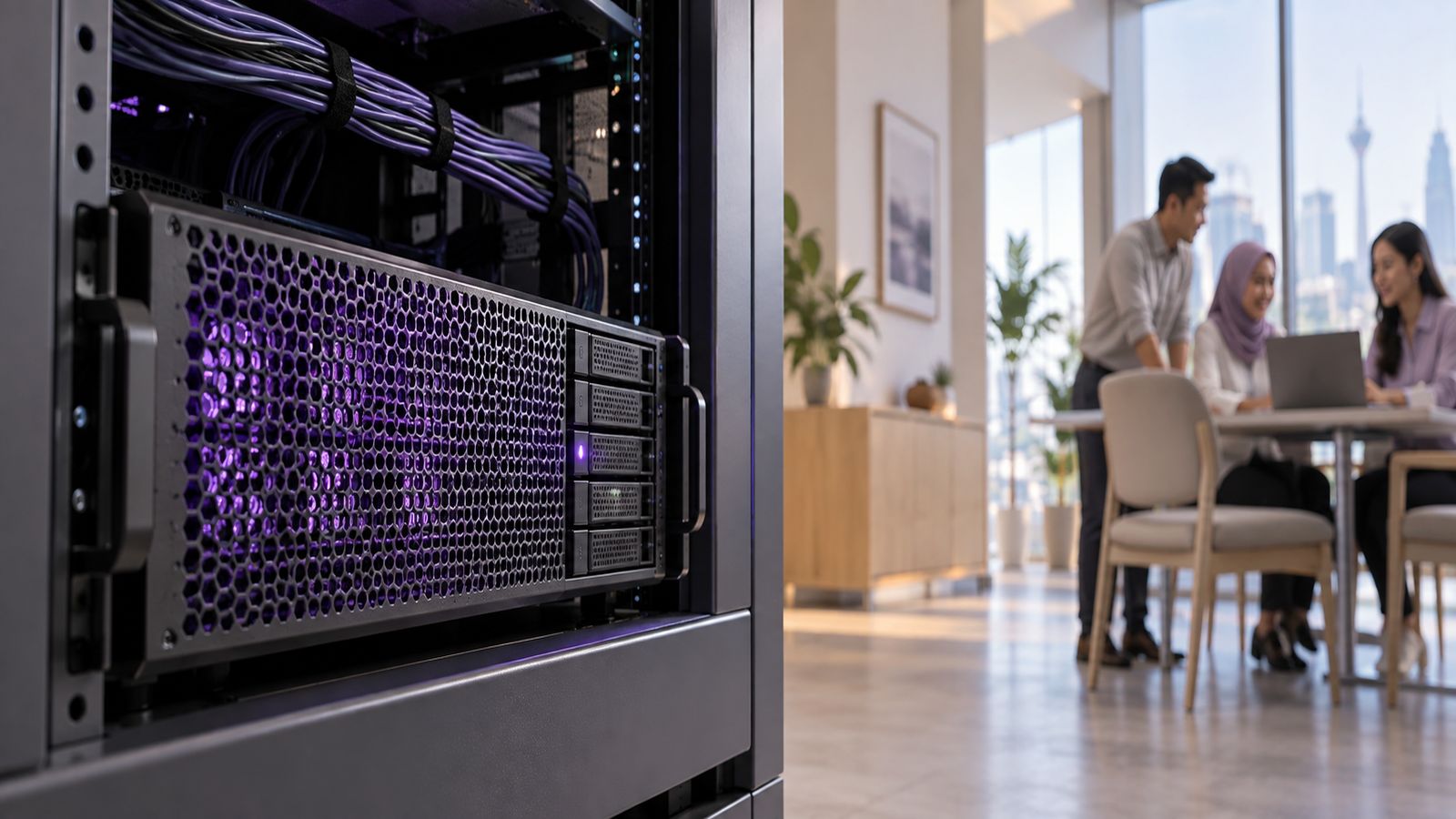 A compact graphite AI server with a violet backlit honeycomb front inside a tidy server cabinet, where the vector index lives