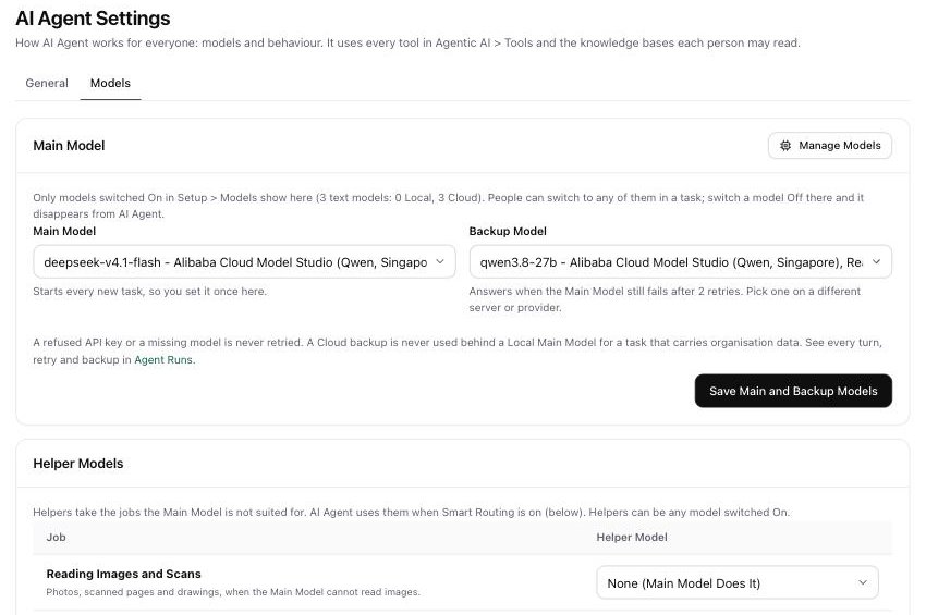 AiServa AI Agent Settings Models tab
