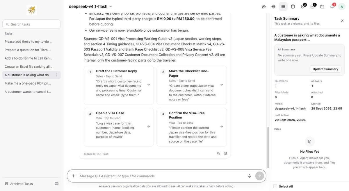 AiServa AI Agent answering a visa question with sources named, follow-up cards and a Task Summary panel