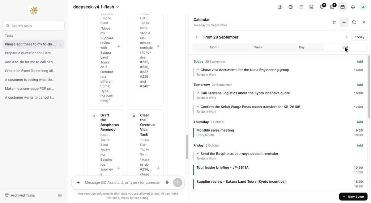 AiServa Calendar panel in list view