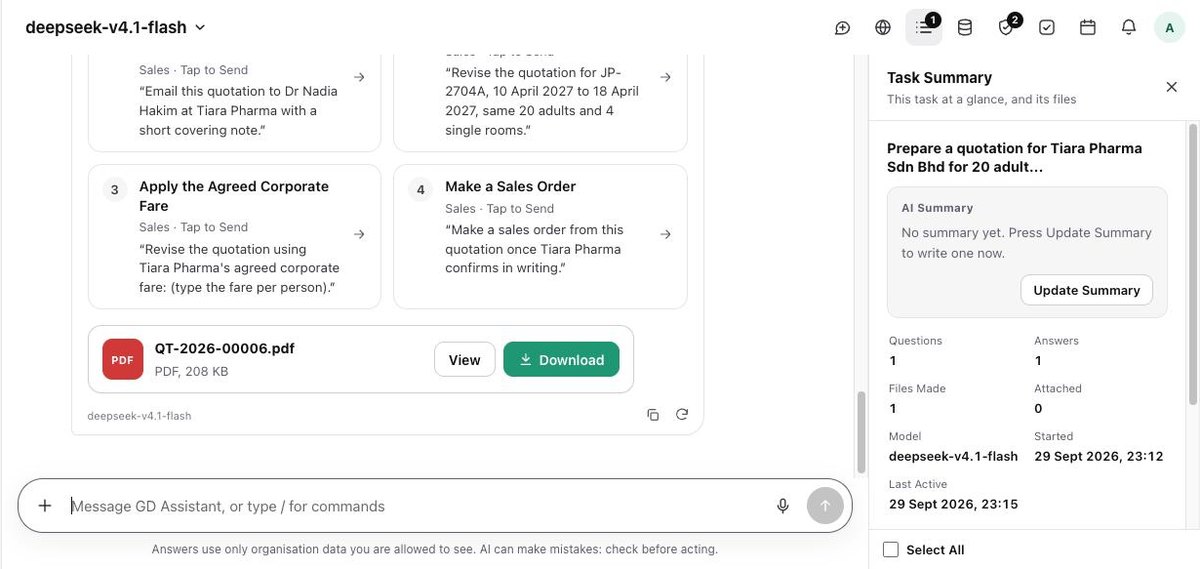 AiServa AI Agent quotation with PDF and next step cards