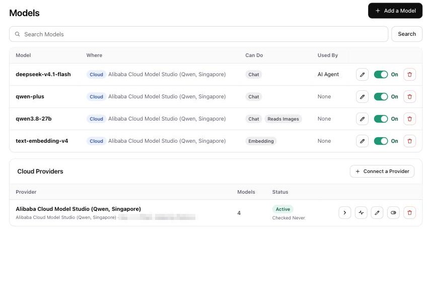 AiServa Models page listing chat, image reading and embedding models with On switches and a connected provider
