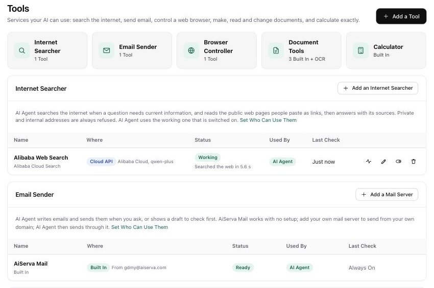 AiServa Tools page showing Internet Searcher, Email Sender, Browser Controller, Document Tools and Calculator