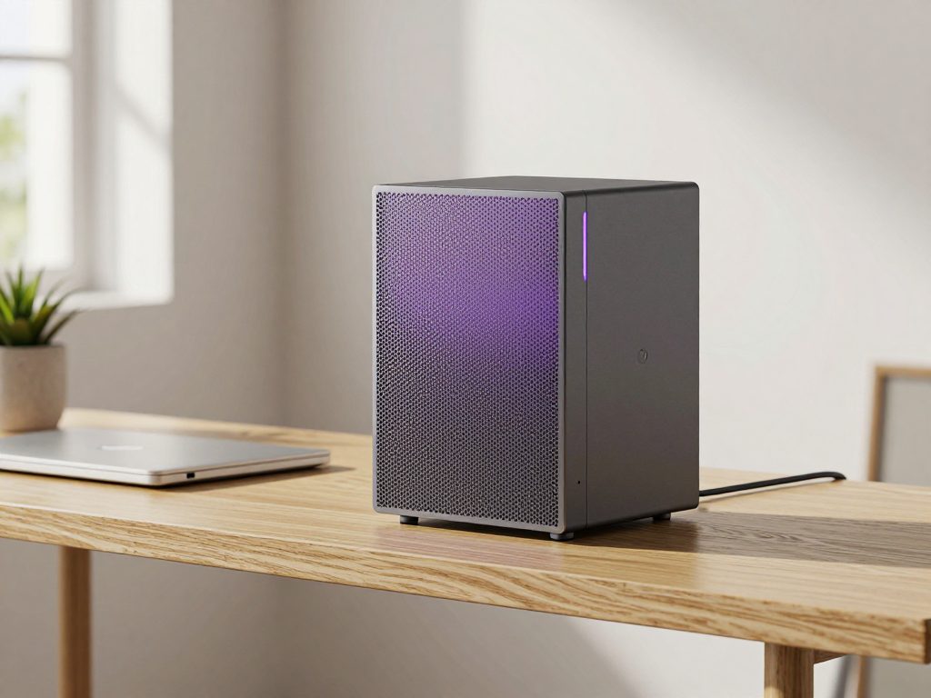 AiServa Basic, a slim upright micro local AI server in graphite with a violet-lit honeycomb mesh front, on a pale oak shelf in a home office beside a closed laptop and a plant