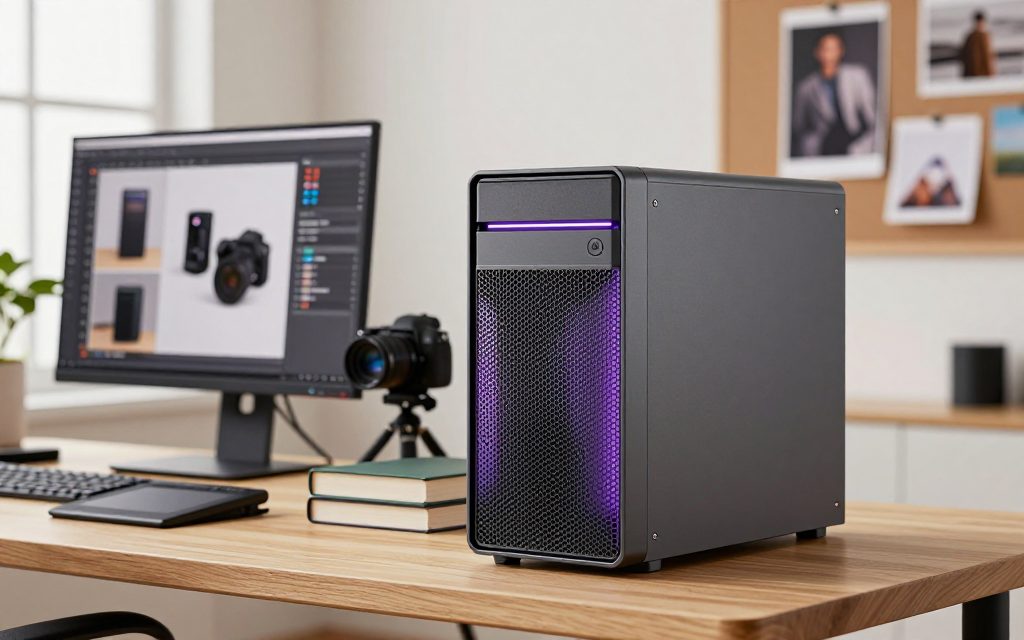AiServa Max, a graphite mid-tower local AI server with a full-height violet-lit honeycomb mesh front, on a large oak desk in a creative studio beside a monitor showing product photographs