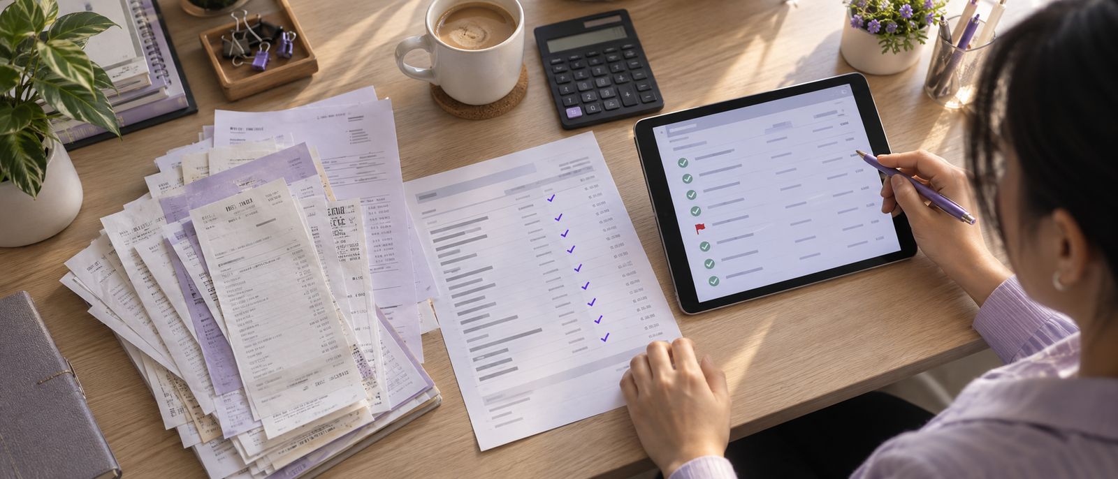 Receipts, invoices and a ticked bank statement on a desk beside a tablet showing a matched reconciliation with one exception flagged