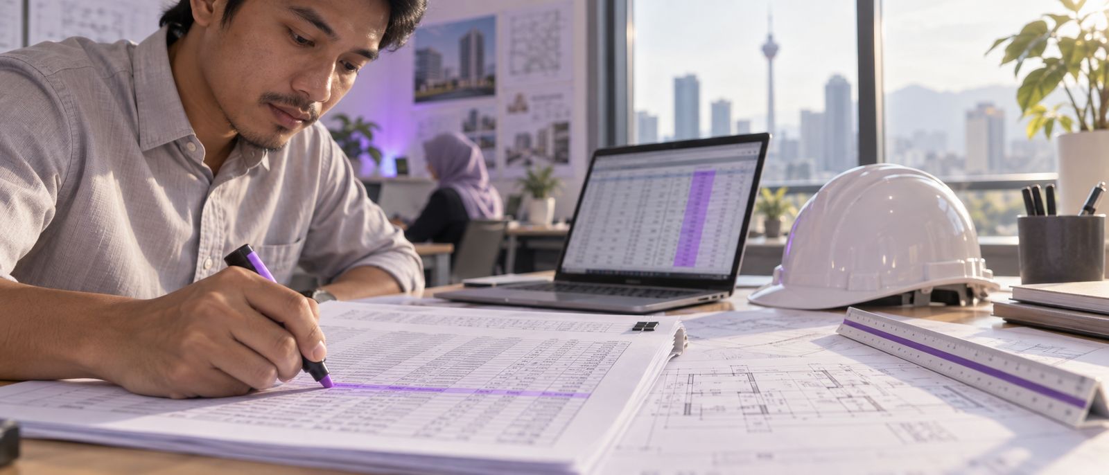 A quantity surveyor highlighting a line on a printed bill of quantities over drawings, a laptop showing a tender comparison