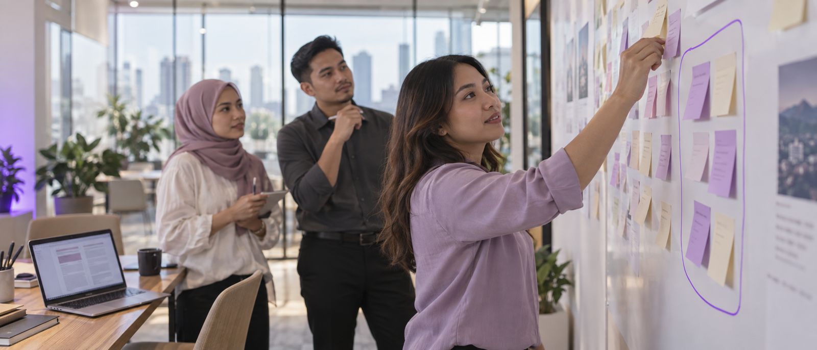 A workshop wall of sticky notes grouped into themes with one cluster outlined in violet, a draft executive summary on a laptop