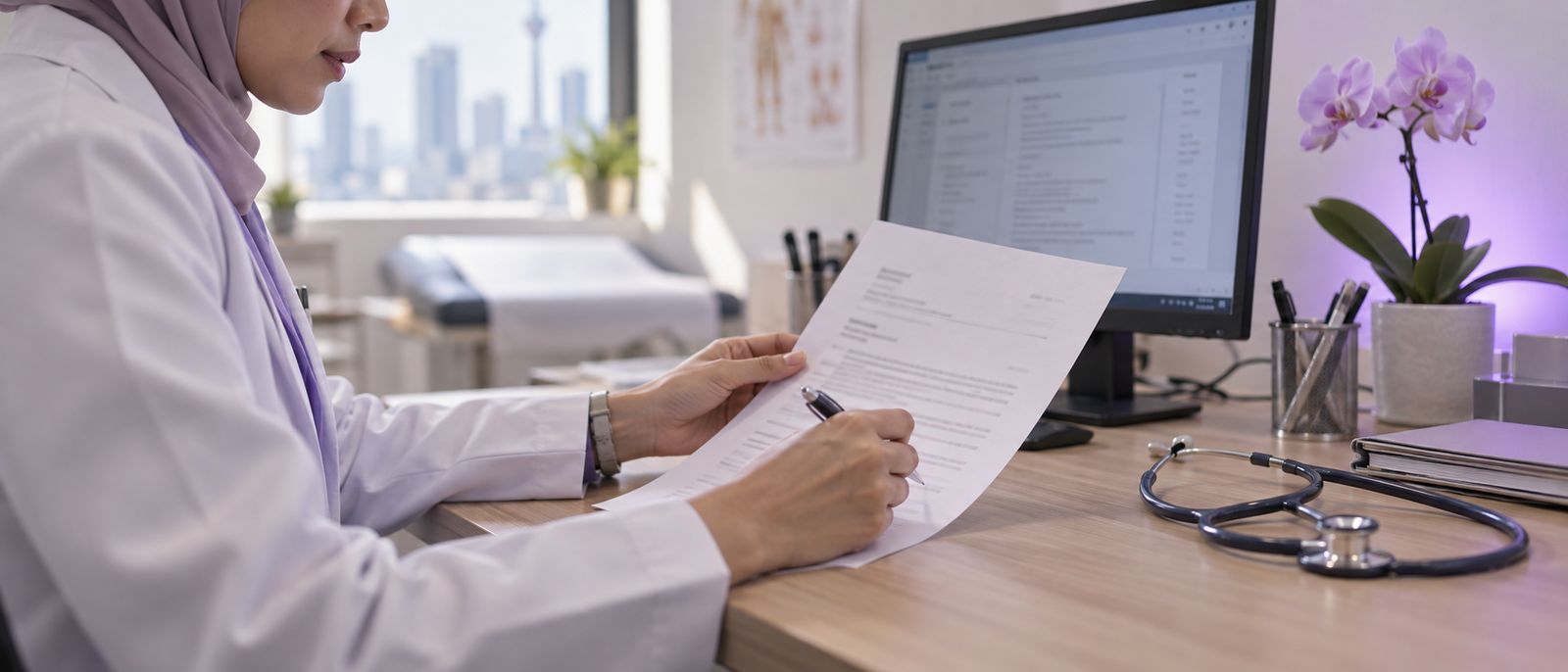 A doctor reviewing a printed referral letter with a pen beside a stethoscope, a structured consultation note on the monitor behind