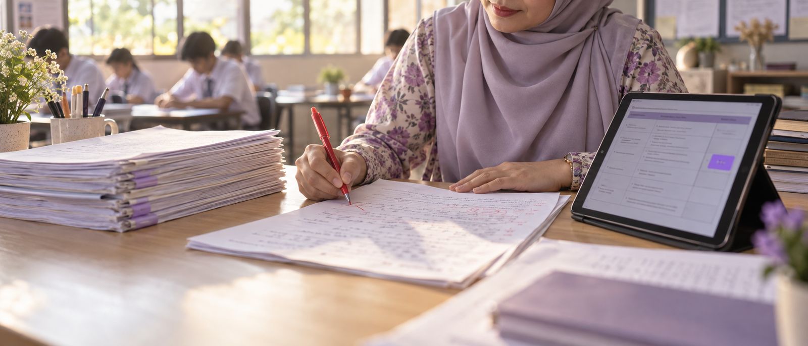 A teacher marking a handwritten script beside a tablet showing the rubric and a suggested score