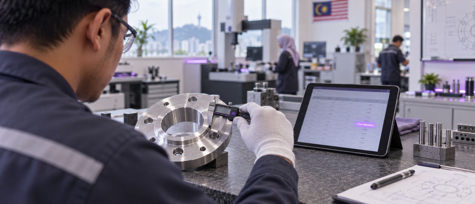 A quality engineer in white gloves inspecting a machined aluminium flange beside a tablet that flags one out-of-tolerance value