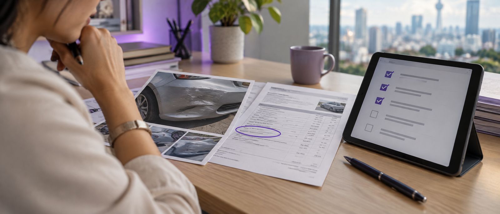 Printed photos of a dented bumper and a repair quotation with a circled line beside a tablet showing a claim checklist with open items