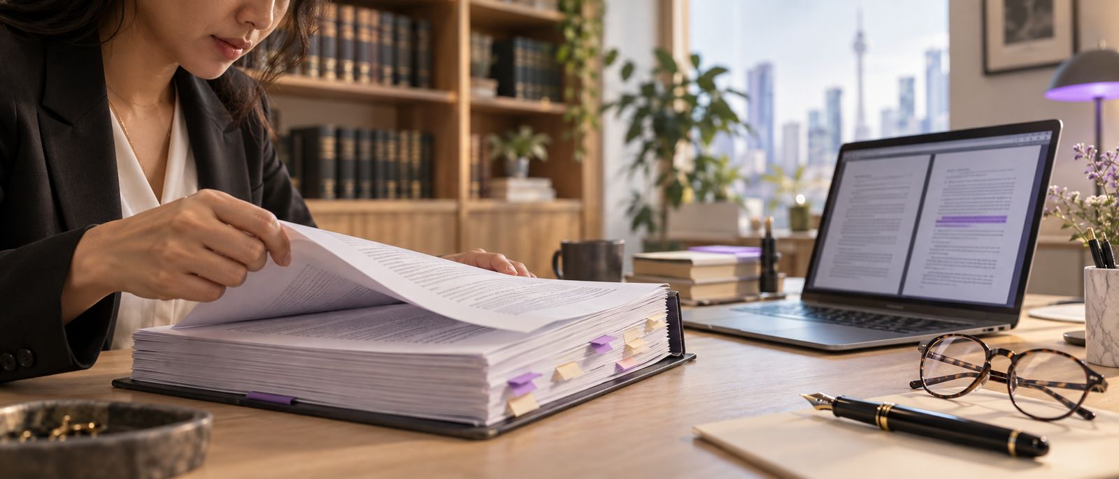 A lawyer turning the pages of a tabbed contract beside a laptop comparing two versions with one clause highlighted