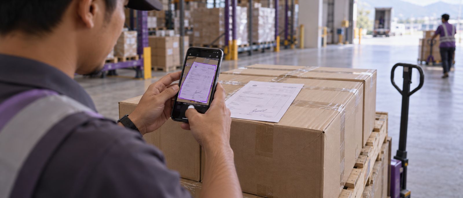 A driver photographing a signed delivery order with a phone on top of cartons on a pallet, the document outlined on screen