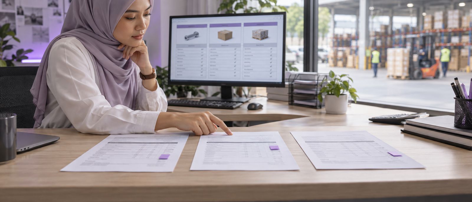 Three supplier quotations with violet tabs laid side by side while a buyer points at one, a comparison chart on the monitor behind