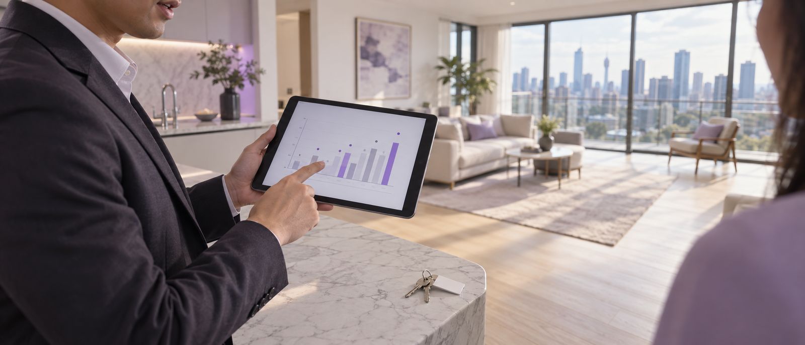 A property negotiator holding a tablet with a comparable-sales chart in a bright empty condominium with keys on the kitchen island