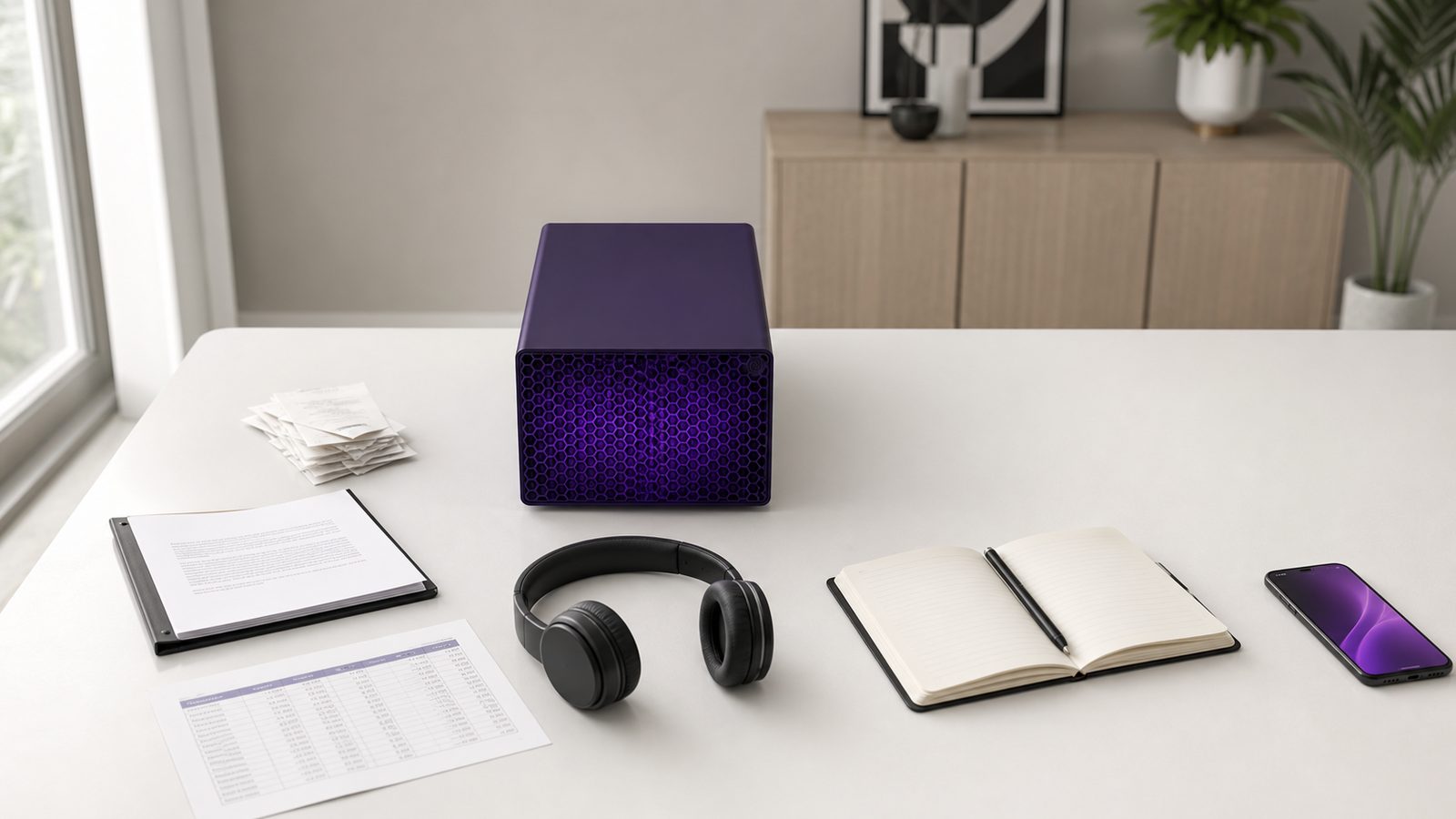 Overhead view of a desk with a violet local AI server surrounded by receipts, a contract, a spreadsheet, headphones and a notebook representing different AI tasks