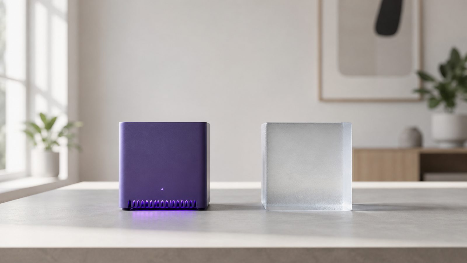 A compact violet local AI server and a frosted glass cube representing remote cloud computing, side by side on a pale surface