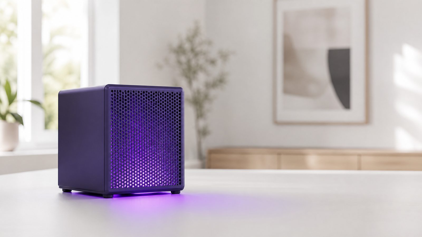 A compact violet local AI server powered on alone in a bright minimal room, its perforated front panel glowing