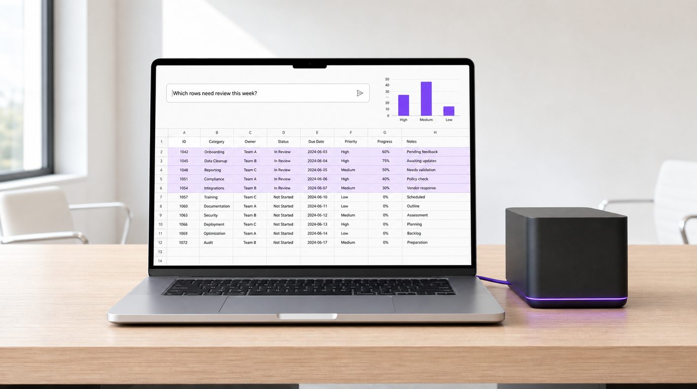 A laptop showing a spreadsheet where a plain-English question has highlighted the matching rows in violet, with a summary bar chart above, connected by cable to a local AI server