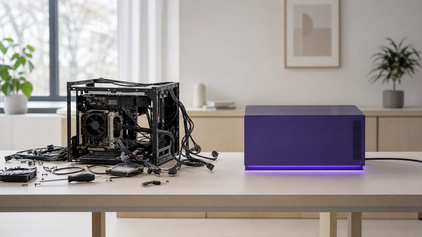 An untidy improvised computer build with tangled cables beside a single clean sealed violet server unit with one tidy cable