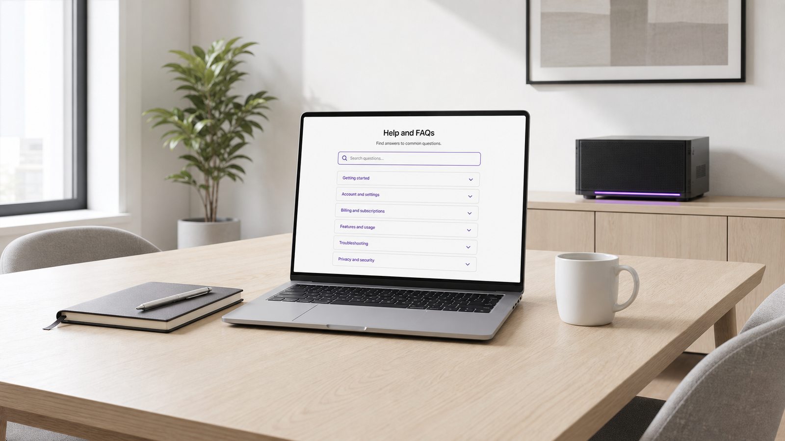 A laptop on a bright meeting table showing a help and FAQ page with collapsed question rows, and a local AI server on the credenza behind