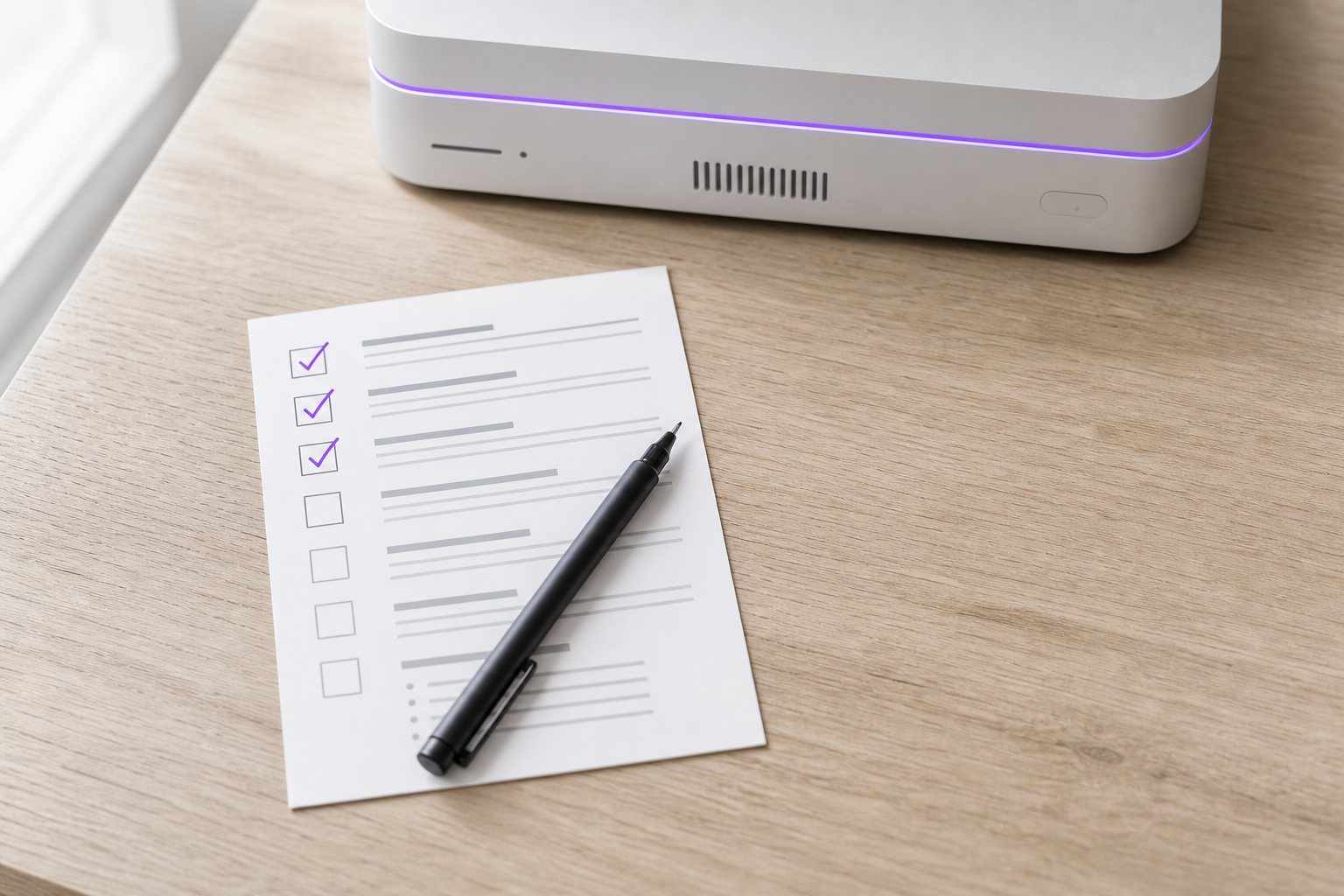 Overhead view of a printed checklist card with several boxes ticked in violet ink and a pen resting across it, beside a compact local AI server